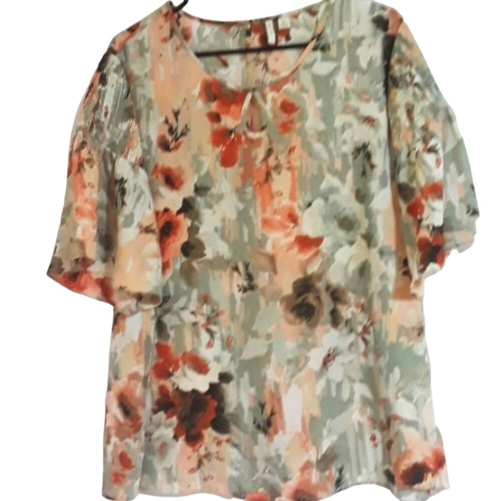 Womens Sz XL Fairy Flowy Feminine Fall Key Hole Neckline Smocked Bell Sleeve Top